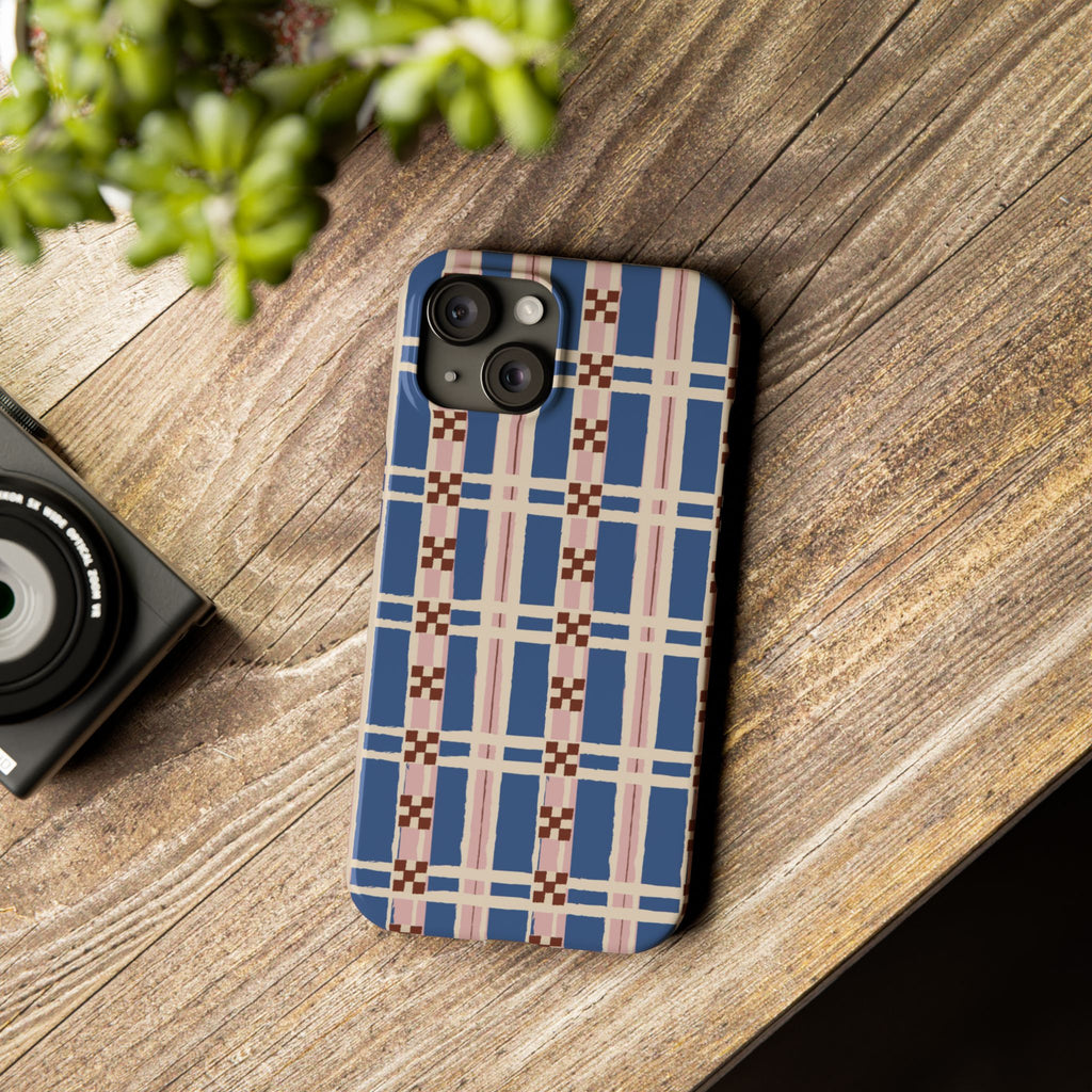 Slim Phone Case — Blue & Pink Retro Plaid Pattern