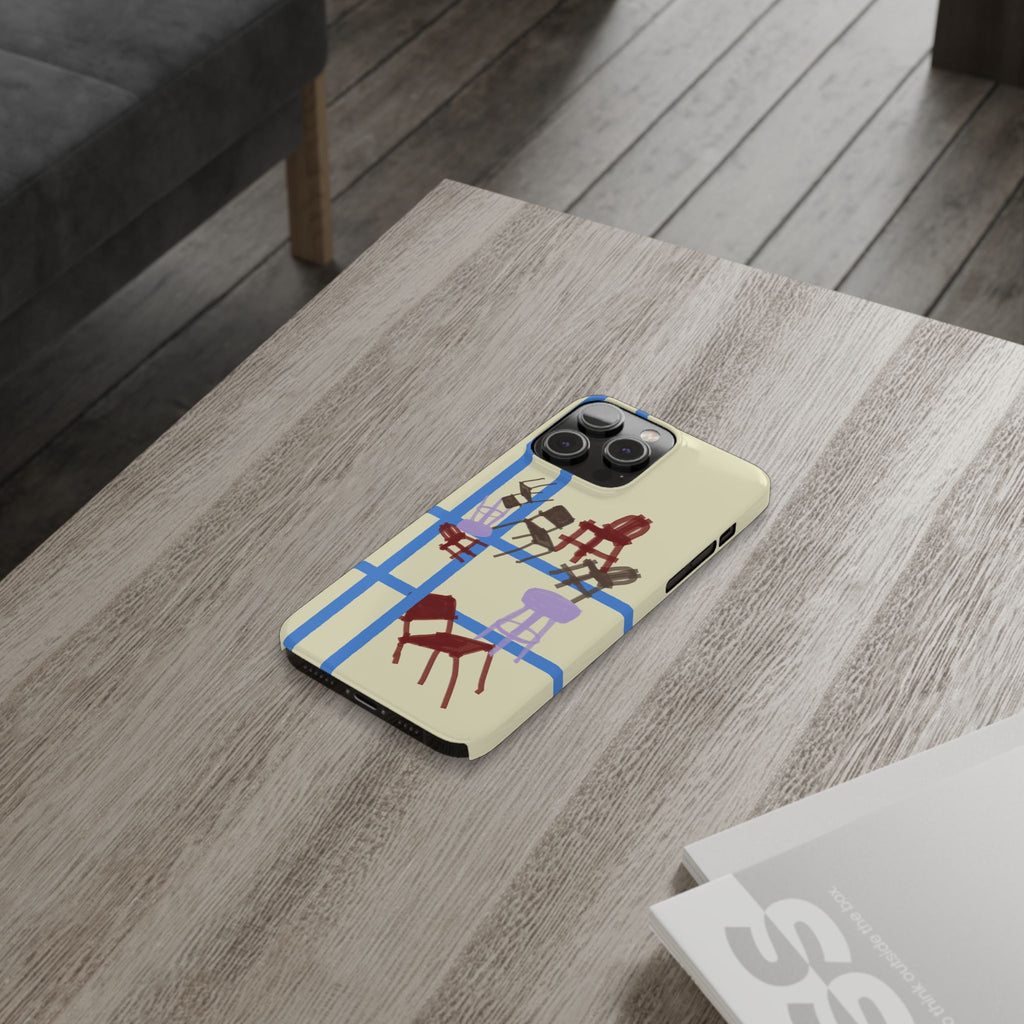 Slim Phone Case — Retro Chairs Pattern on Cream with Blue Grid Backroom-Inspired