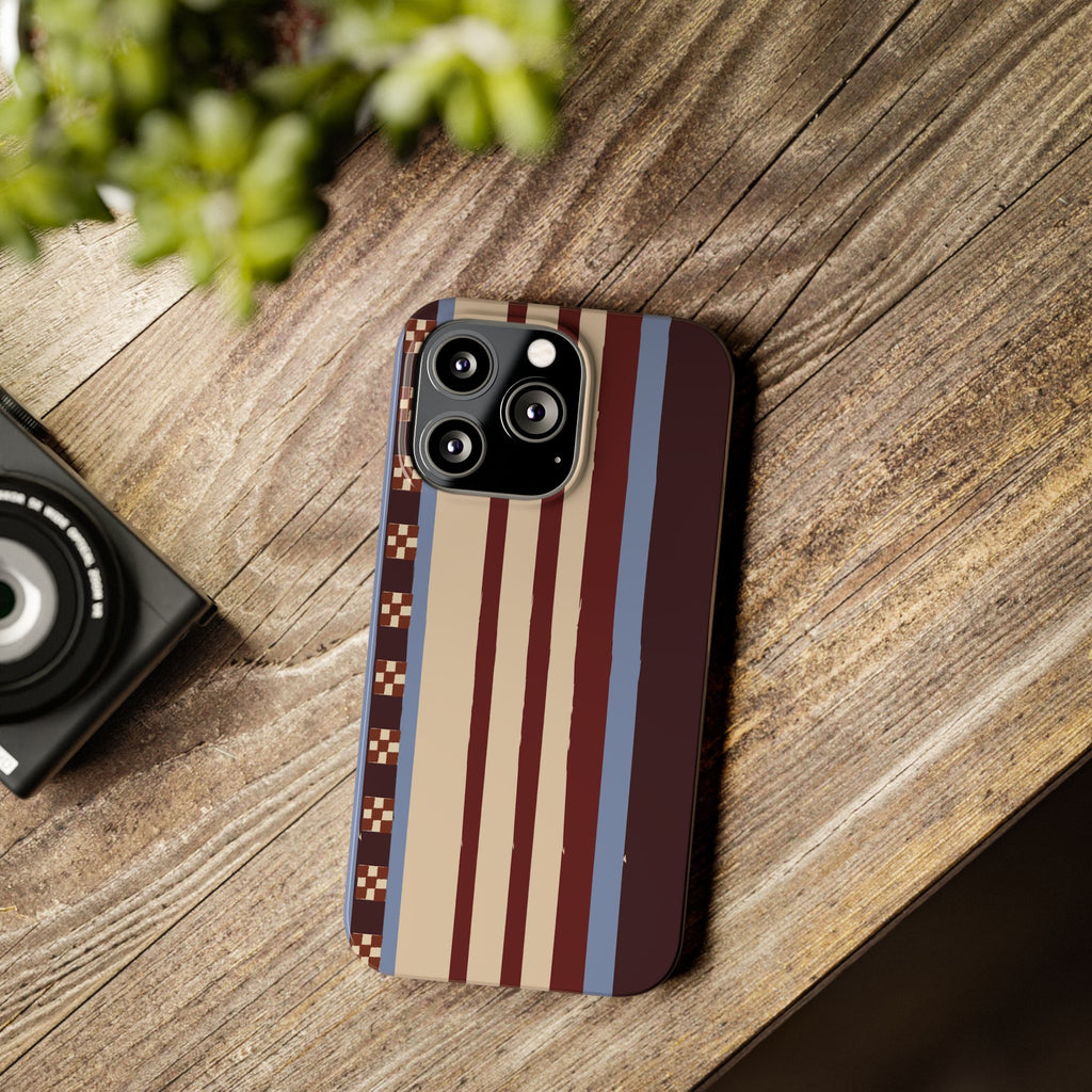 Slim Phone Case — Retro Striped Beige, Maroon & Blue Pattern