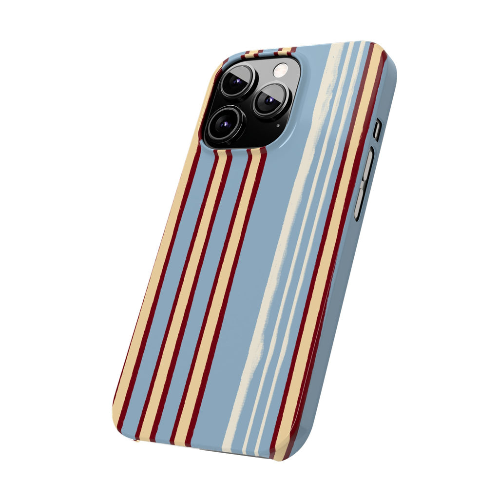 Retro Striped Slim Phone Case — Blue, Cream & Burgundy Vertical Lines