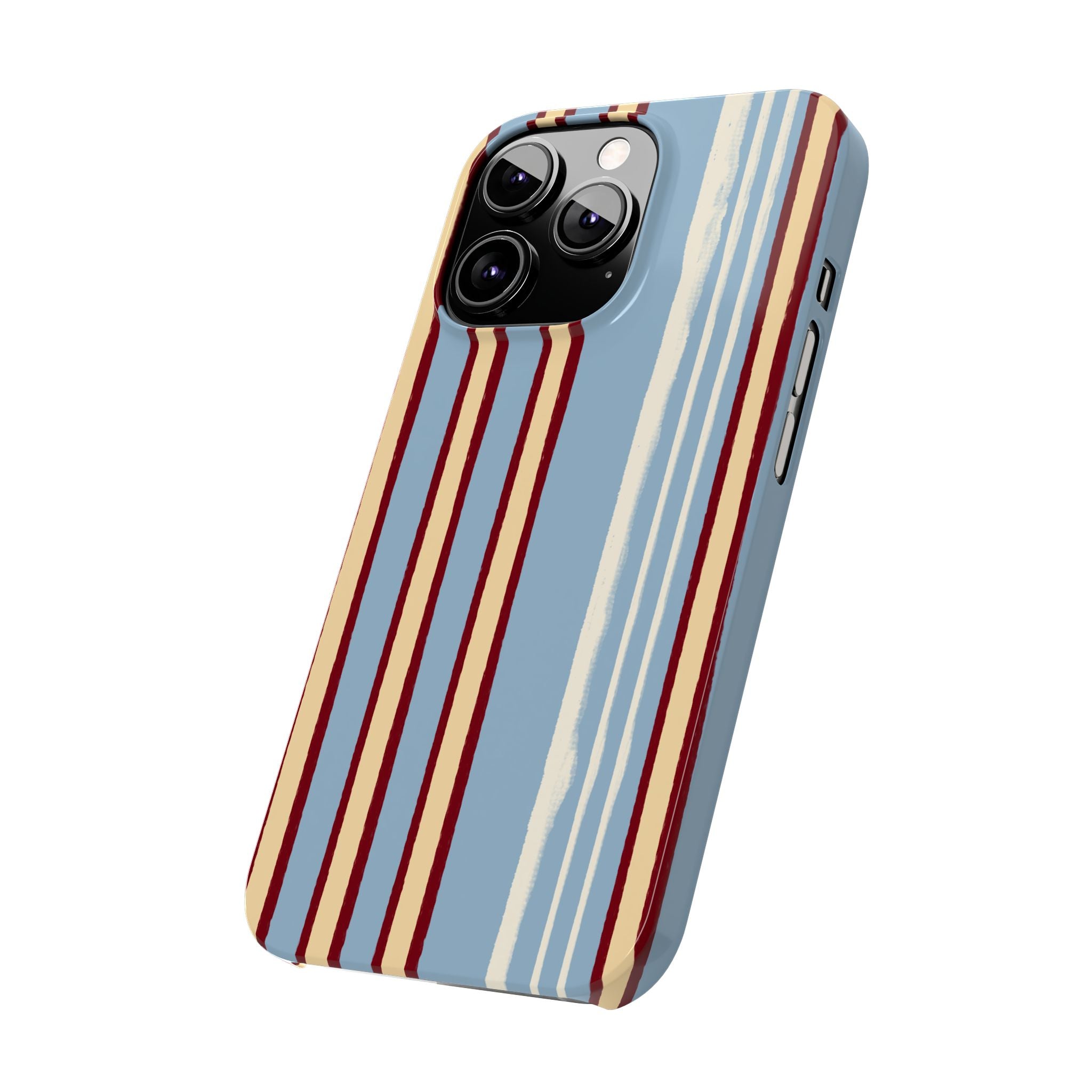 Retro Striped Slim Phone Case — Blue, Cream & Burgundy Vertical Lines