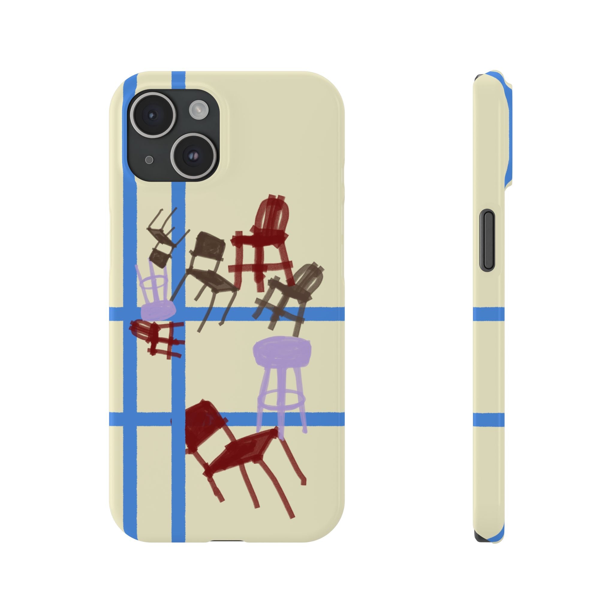 Slim Phone Case — Retro Chairs Pattern on Cream with Blue Grid Backroom-Inspired