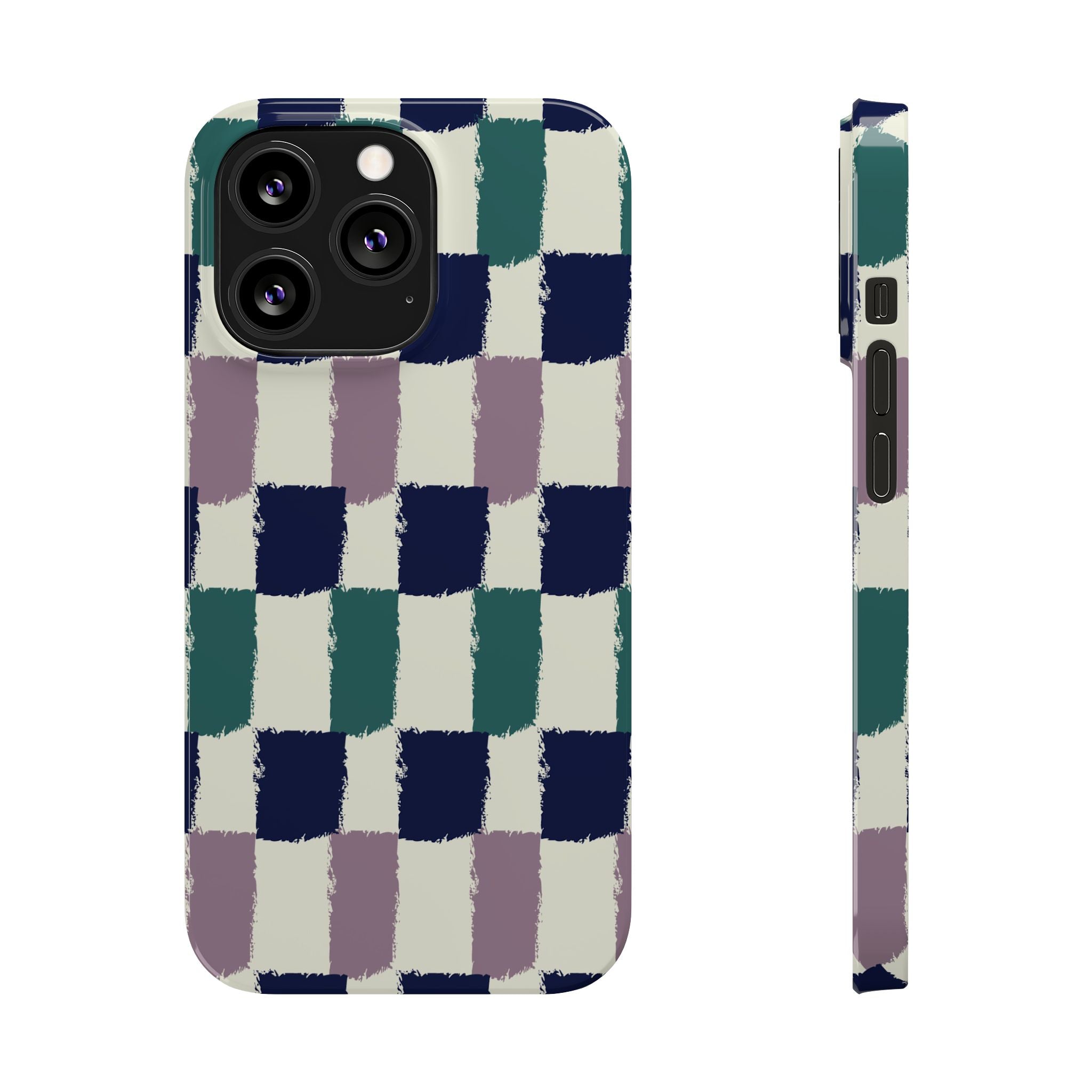 Painterly Check Slim Phone Case — Hand-Painted Navy, Teal & Lavender Grid