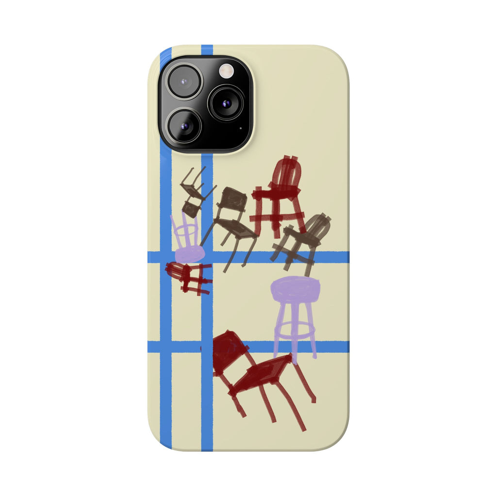 Slim Phone Case — Retro Chairs Pattern on Cream with Blue Grid Backroom-Inspired