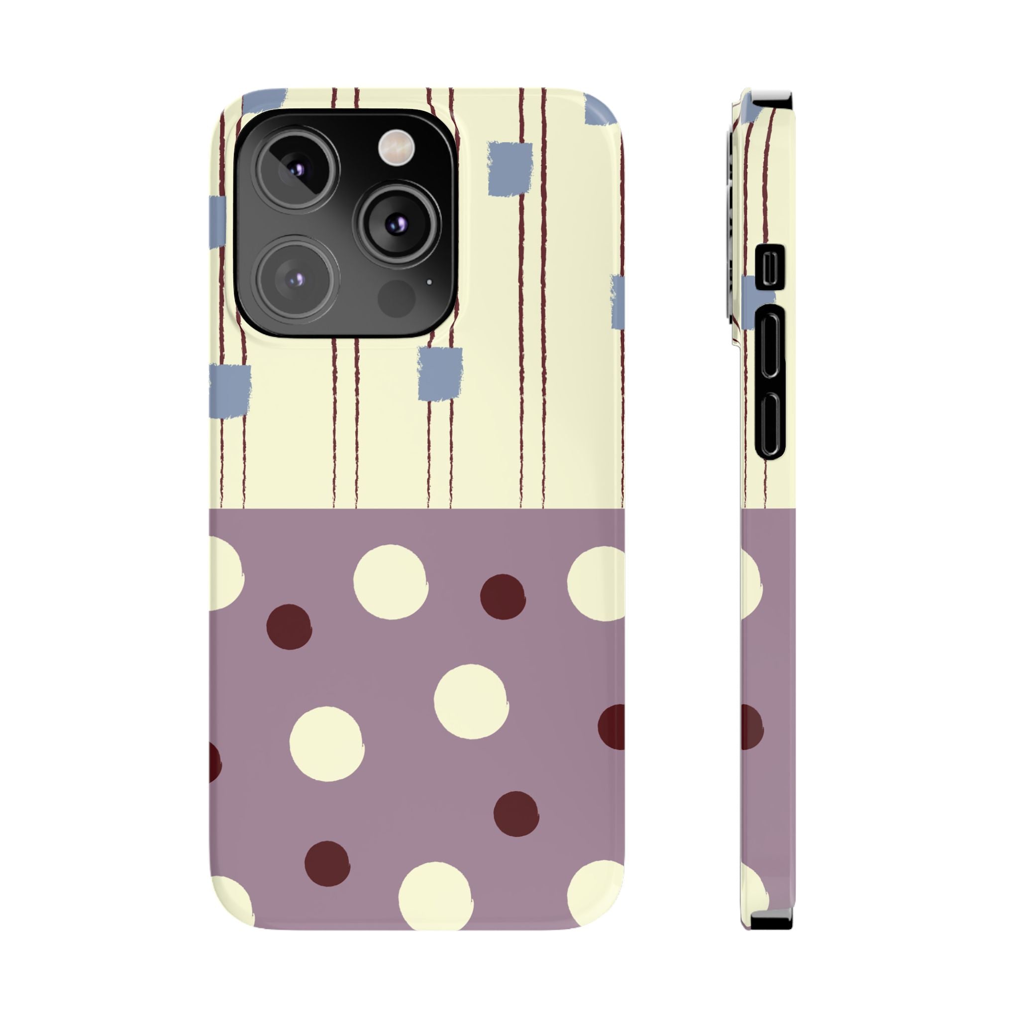 Slim Phone Case — Retro Polka Dot & Stripes Design, Lavender Plum
