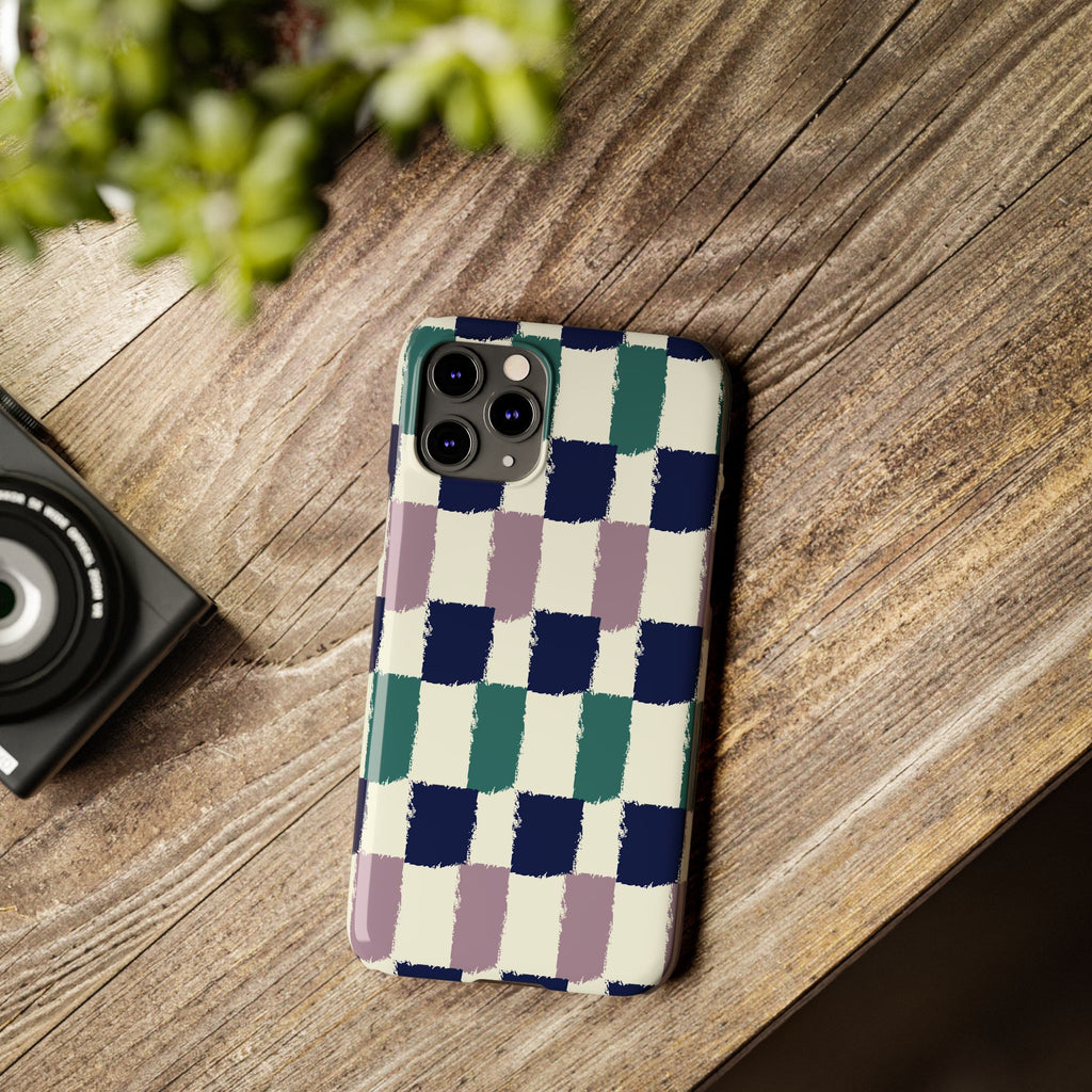Painterly Check Slim Phone Case — Hand-Painted Navy, Teal & Lavender Grid