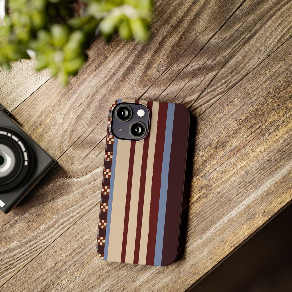 Slim Phone Case — Retro Striped Beige, Maroon & Blue Pattern