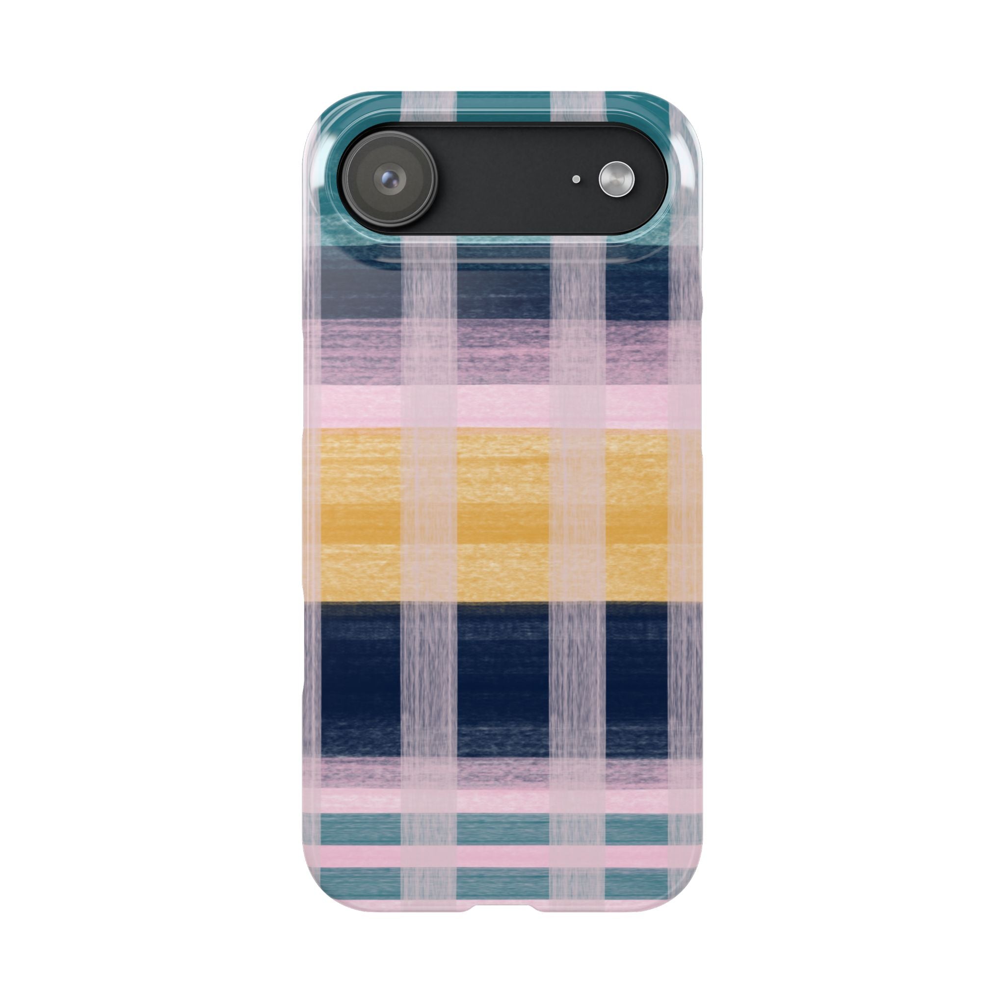 Plaid Brushstroke Slim Phone Case — Pastel Teal, Pink & Yellow Protective Cover SATC Inspired