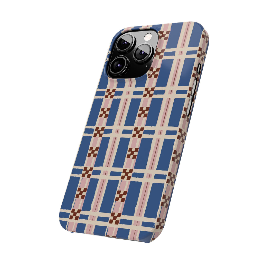 Slim Phone Case — Blue & Pink Retro Plaid Pattern