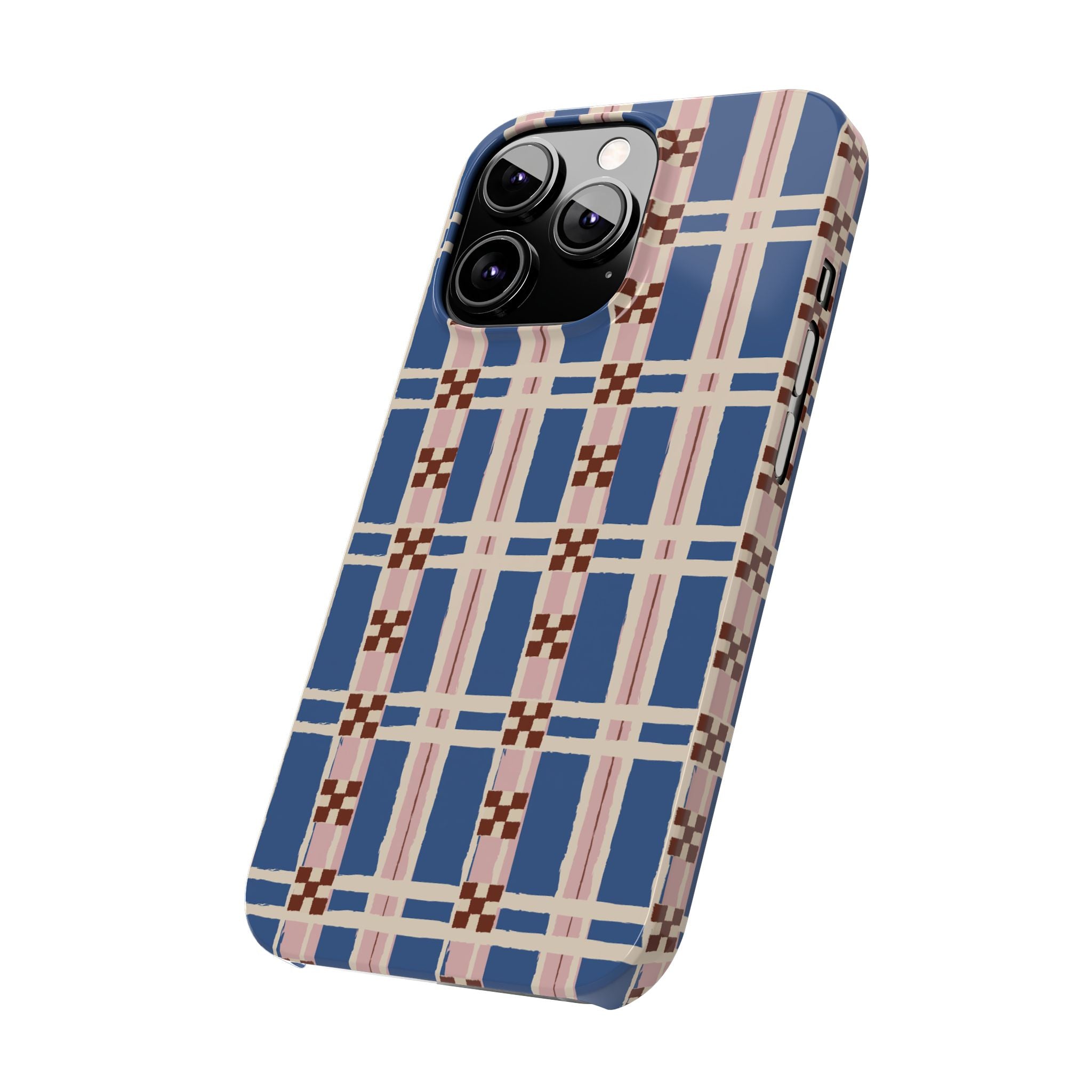 Slim Phone Case — Blue & Pink Retro Plaid Pattern