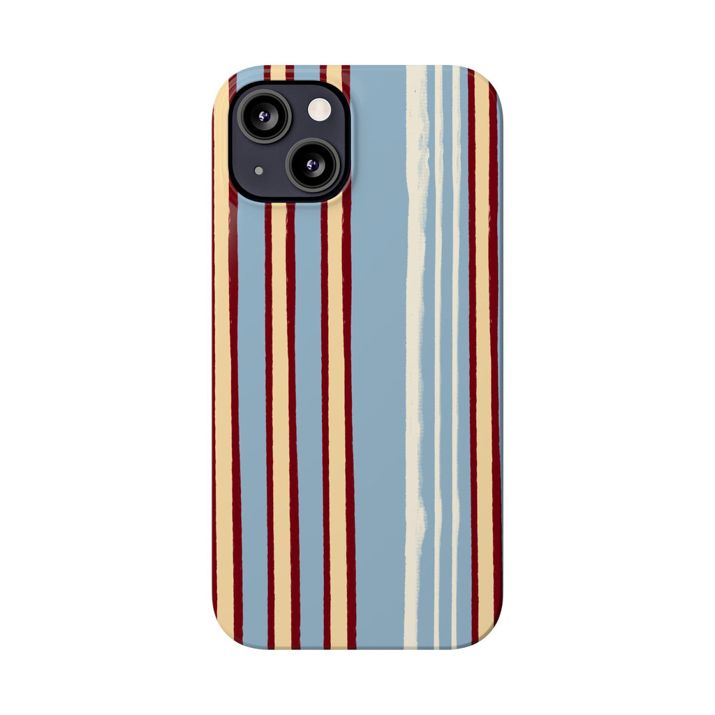 Retro Striped Slim Phone Case — Blue, Cream & Burgundy Vertical Lines