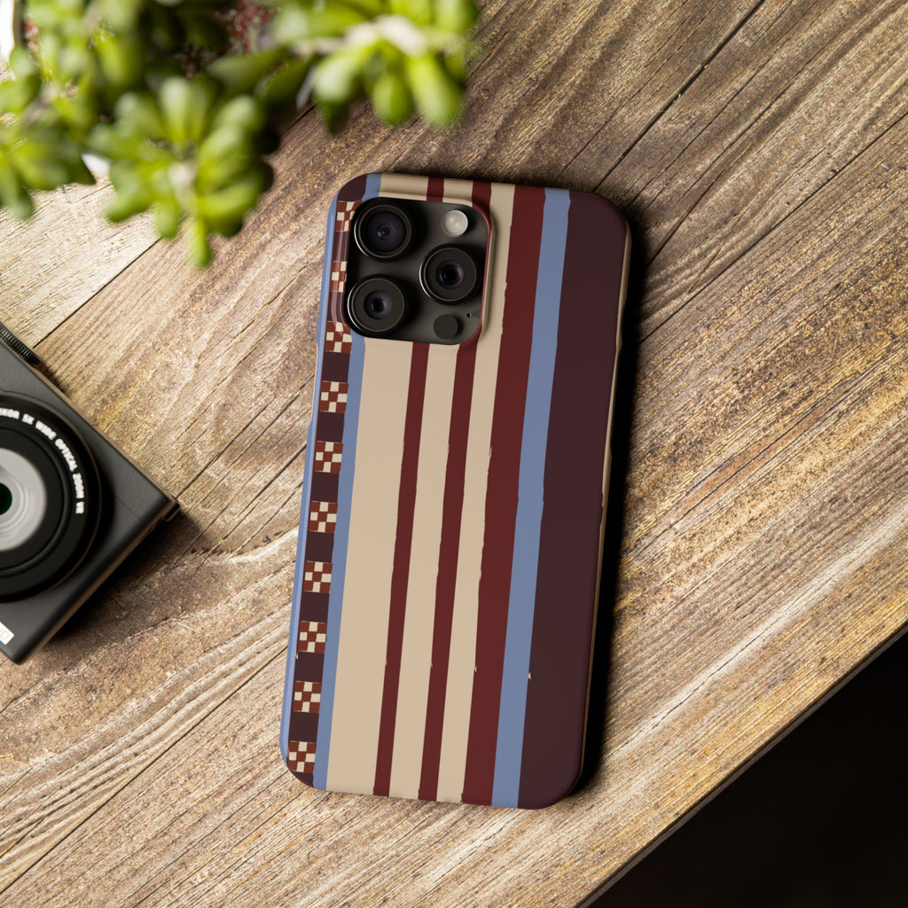 Slim Phone Case — Retro Striped Beige, Maroon & Blue Pattern