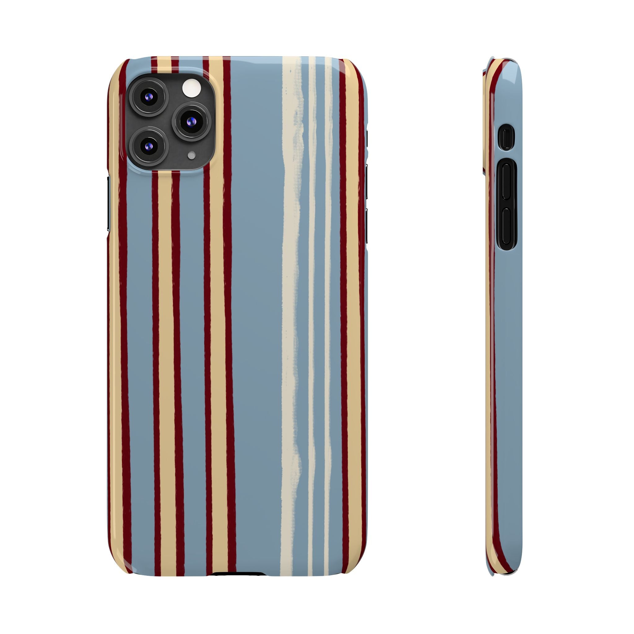 Retro Striped Slim Phone Case — Blue, Cream & Burgundy Vertical Lines