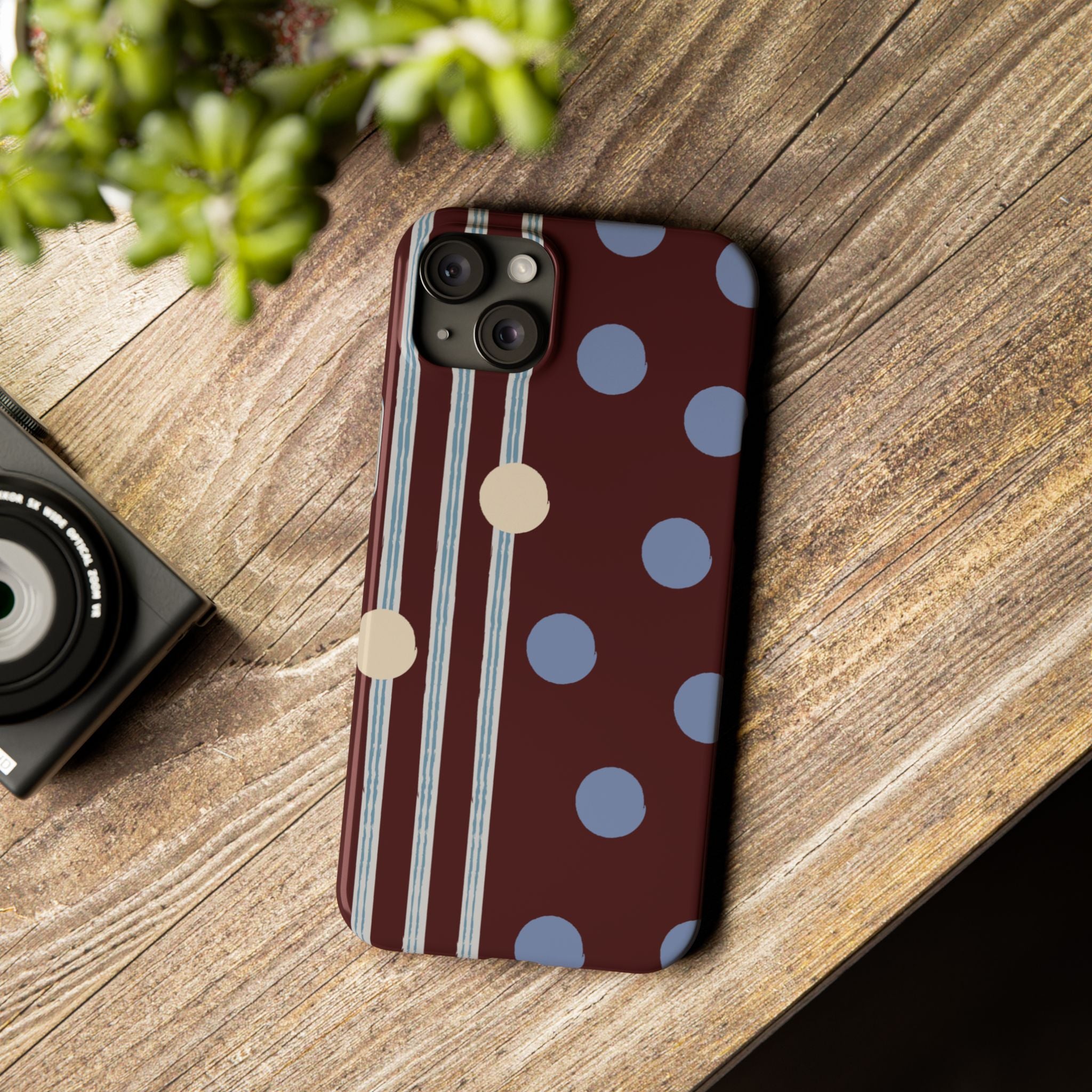 Polka Dot & Stripe Slim Phone Case — Burgundy Blue Retro Pattern