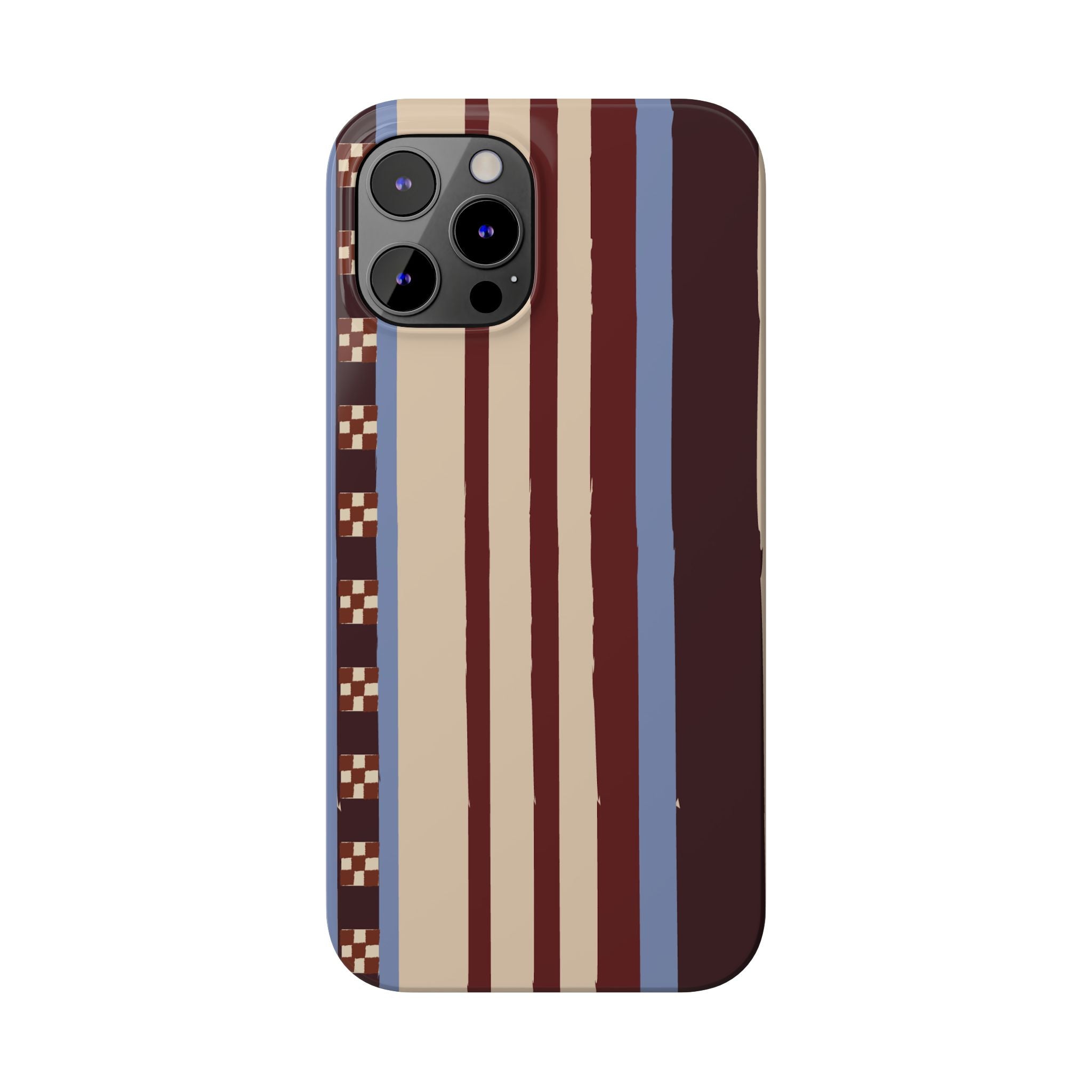 Slim Phone Case — Retro Striped Beige, Maroon & Blue Pattern