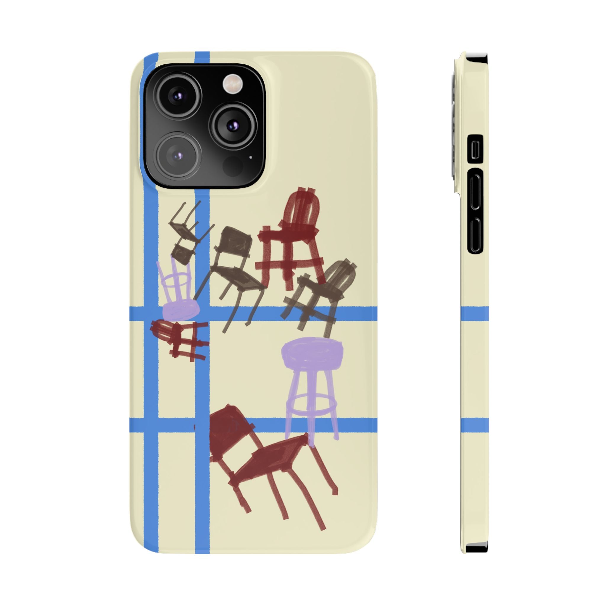 Slim Phone Case — Retro Chairs Pattern on Cream with Blue Grid Backroom-Inspired