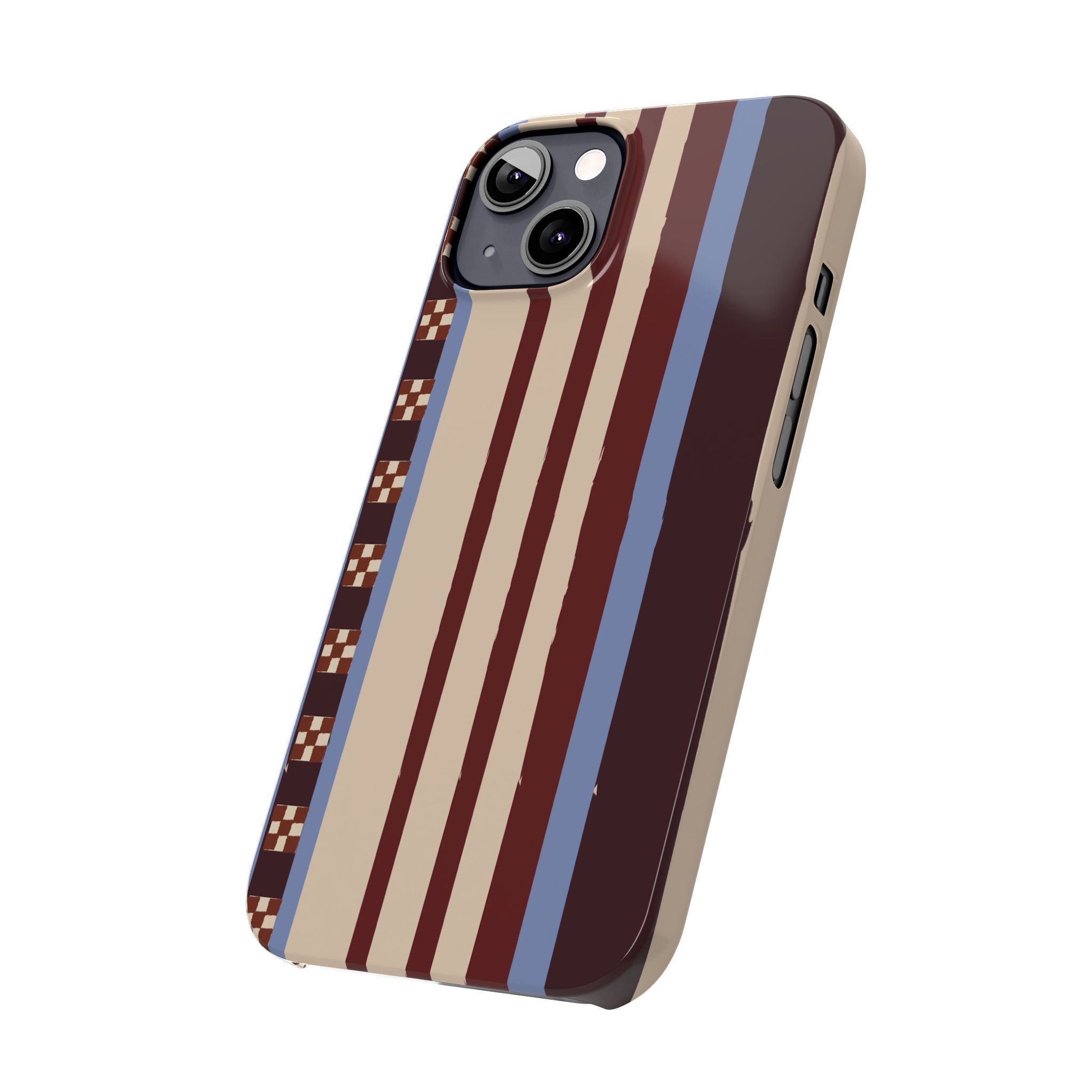 Slim Phone Case — Retro Striped Beige, Maroon & Blue Pattern