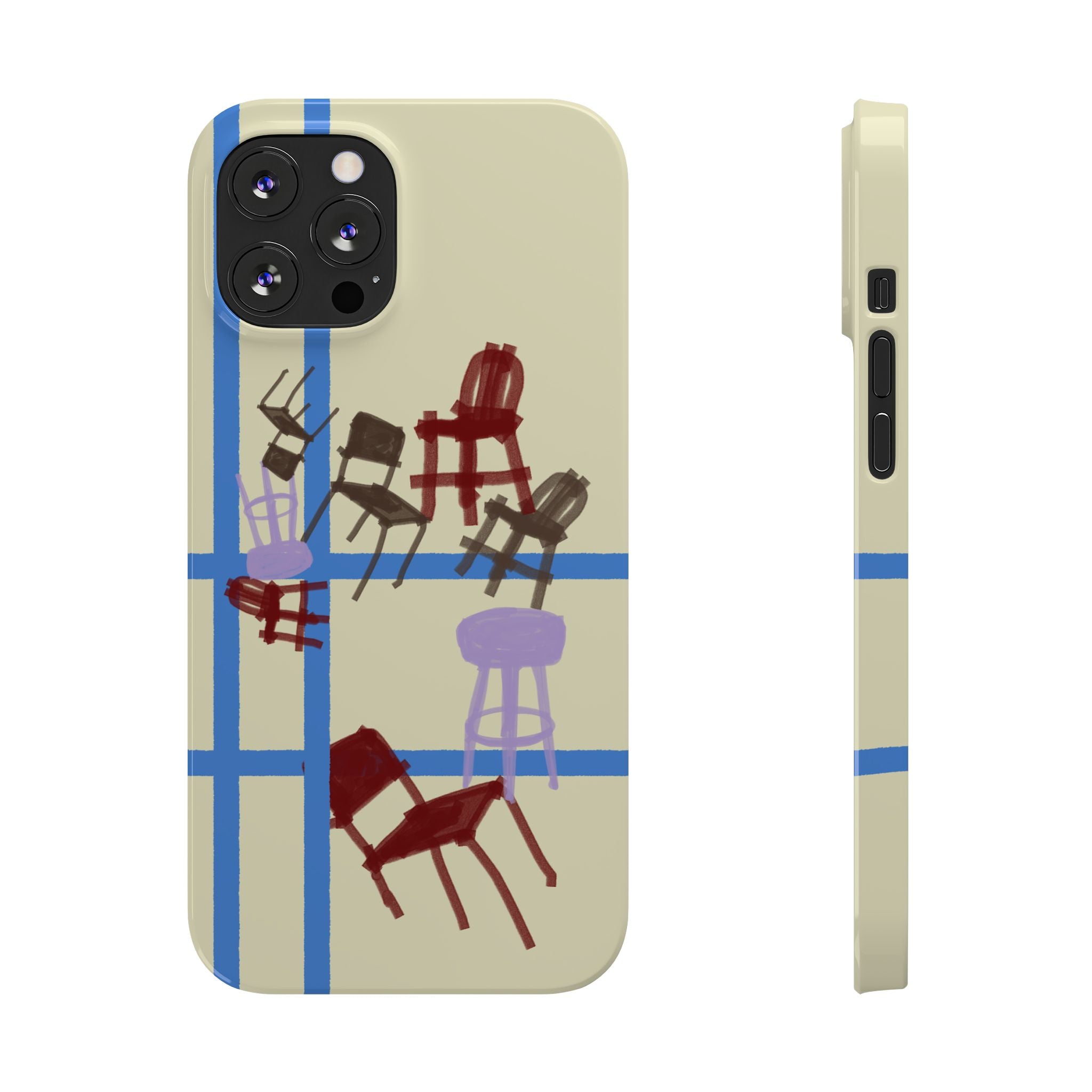 Slim Phone Case — Retro Chairs Pattern on Cream with Blue Grid Backroom-Inspired