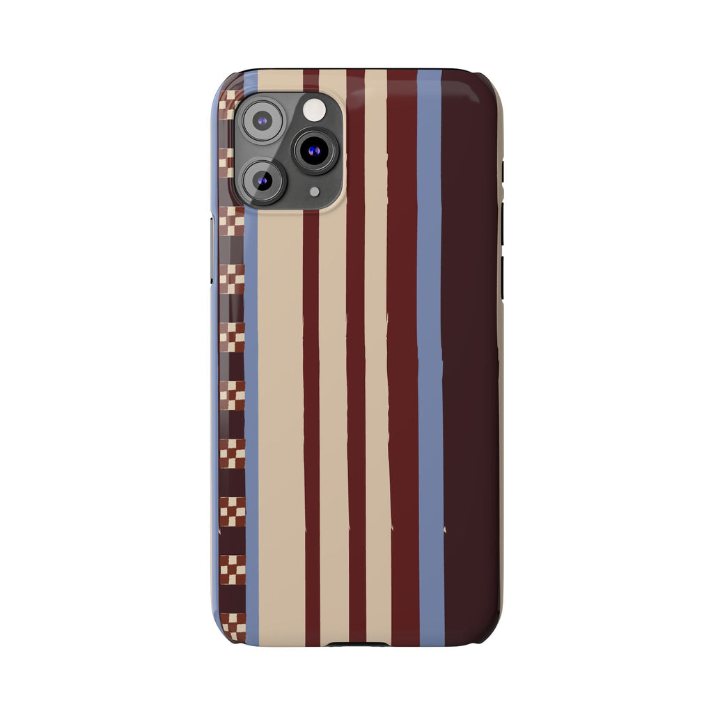 Slim Phone Case — Retro Striped Beige, Maroon & Blue Pattern