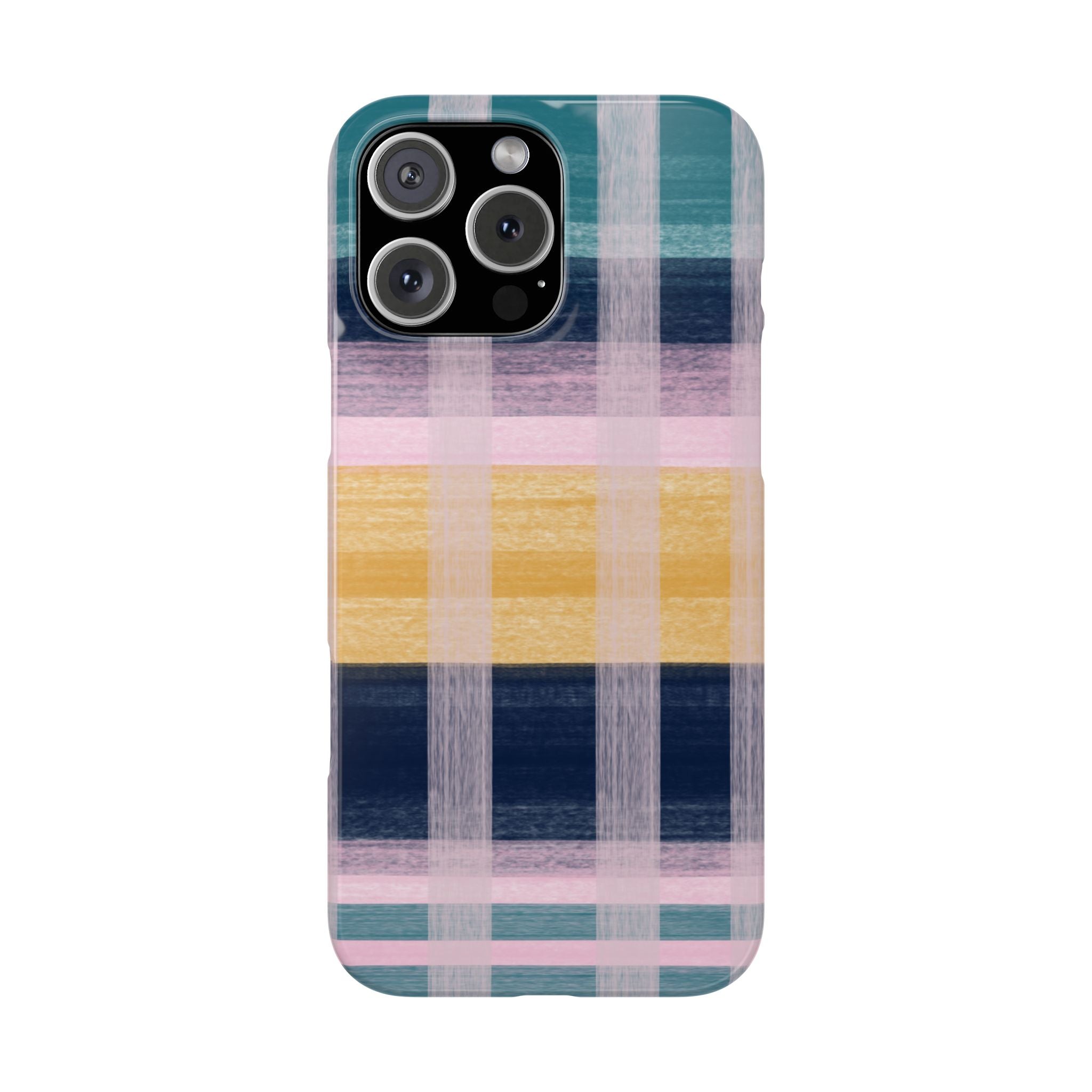 Plaid Brushstroke Slim Phone Case — Pastel Teal, Pink & Yellow Protective Cover SATC Inspired