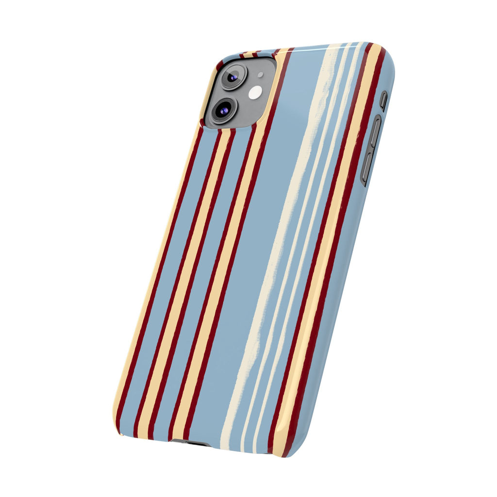Retro Striped Slim Phone Case — Blue, Cream & Burgundy Vertical Lines