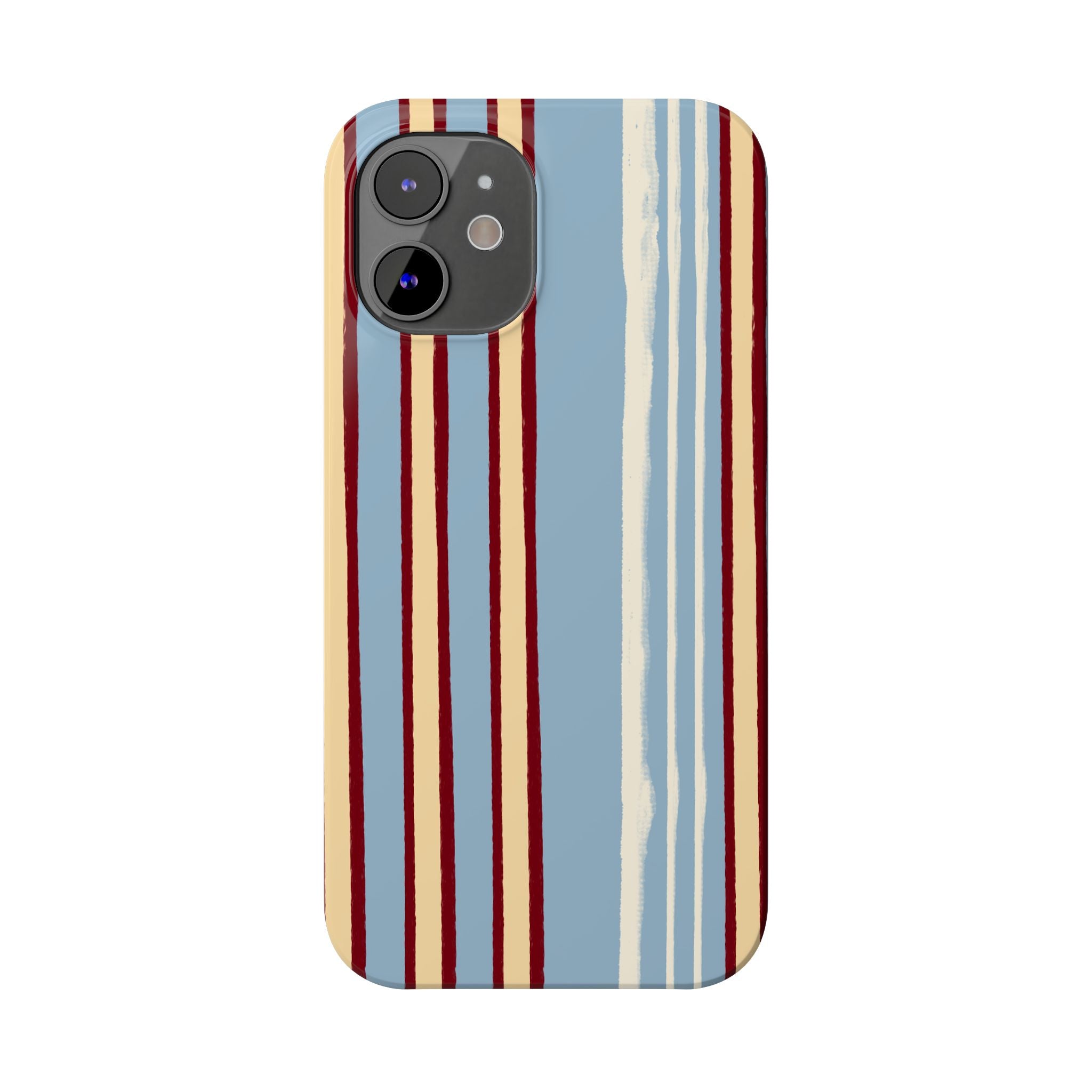 Retro Striped Slim Phone Case — Blue, Cream & Burgundy Vertical Lines