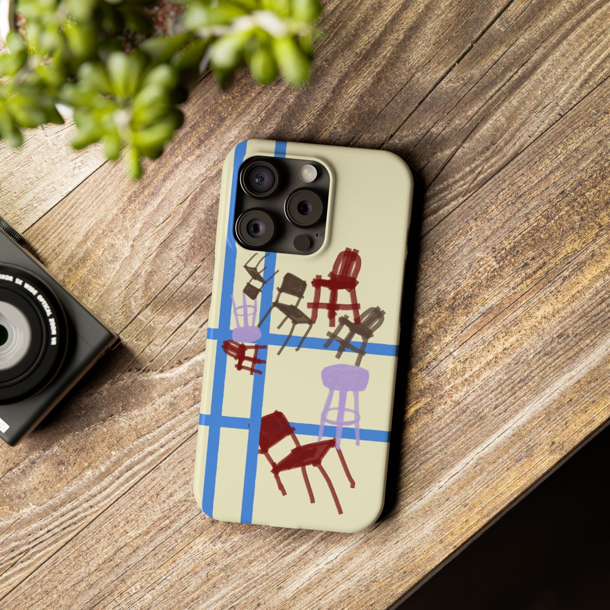 Slim Phone Case — Retro Chairs Pattern on Cream with Blue Grid Backroom-Inspired