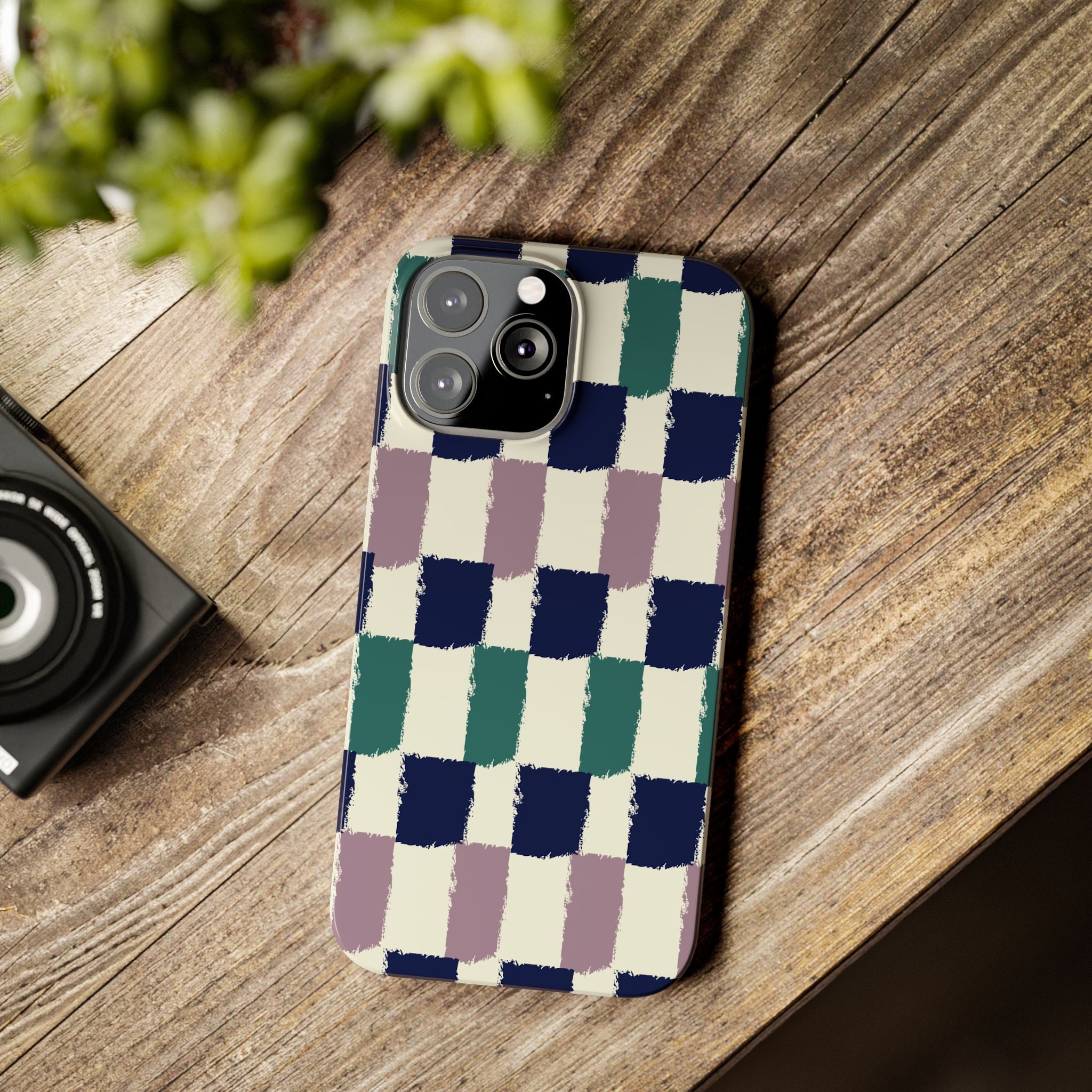 Painterly Check Slim Phone Case — Hand-Painted Navy, Teal & Lavender Grid