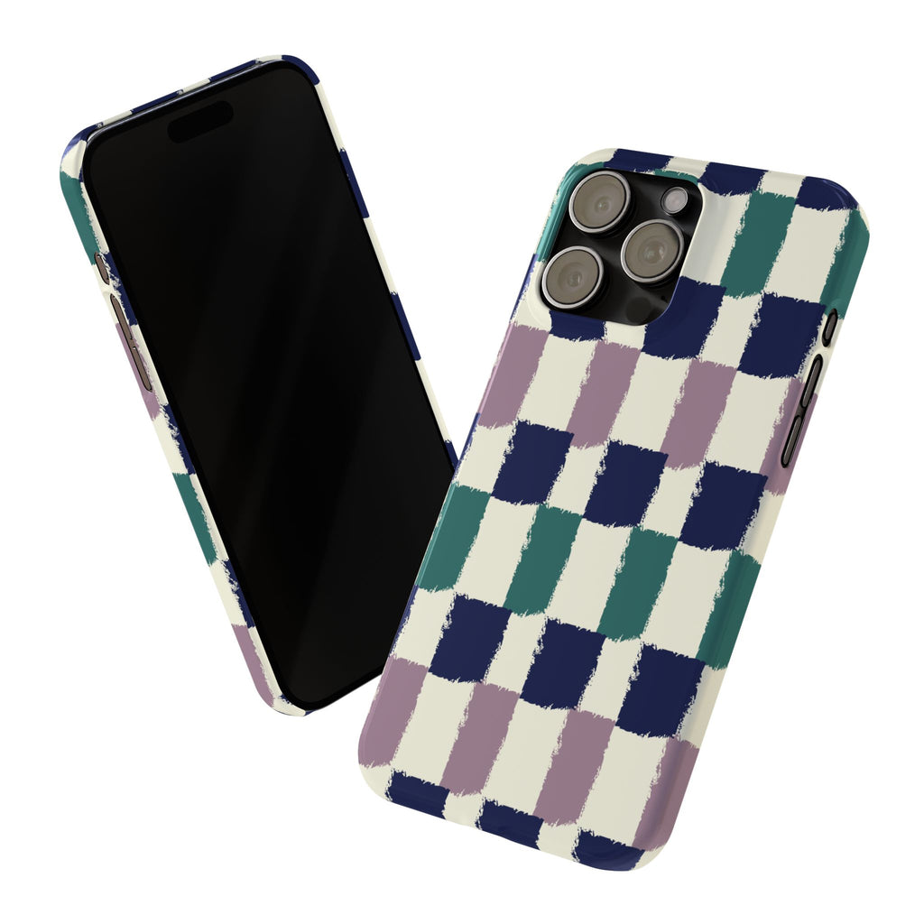 Painterly Check Slim Phone Case — Hand-Painted Navy, Teal & Lavender Grid