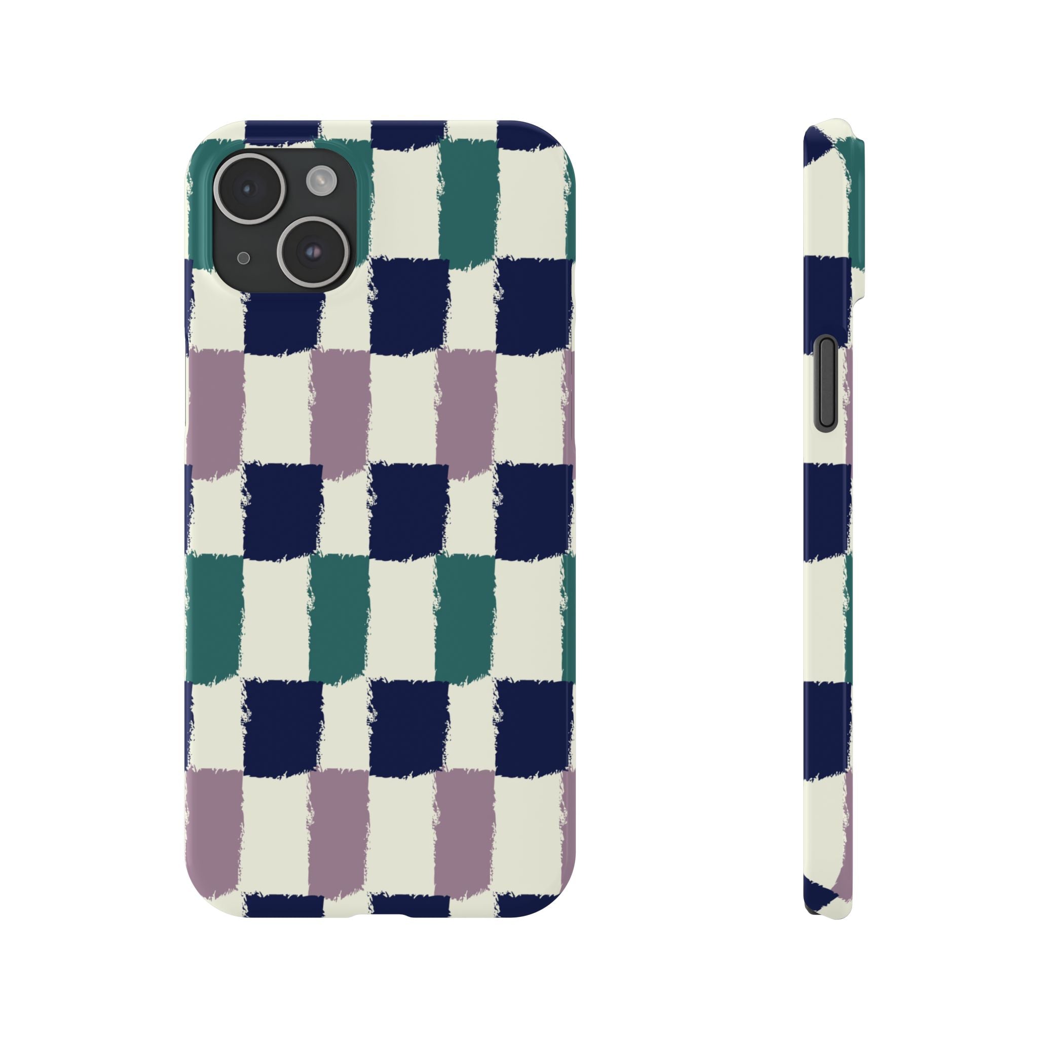 Painterly Check Slim Phone Case — Hand-Painted Navy, Teal & Lavender Grid