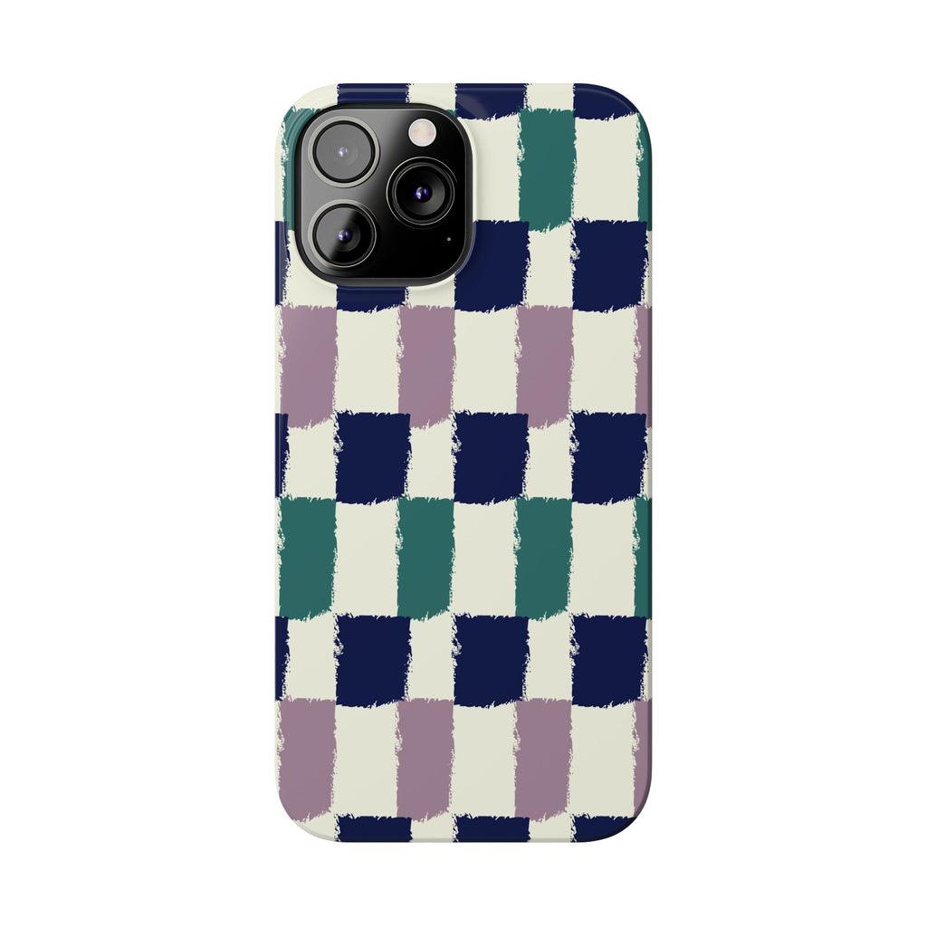 Painterly Check Slim Phone Case — Hand-Painted Navy, Teal & Lavender Grid