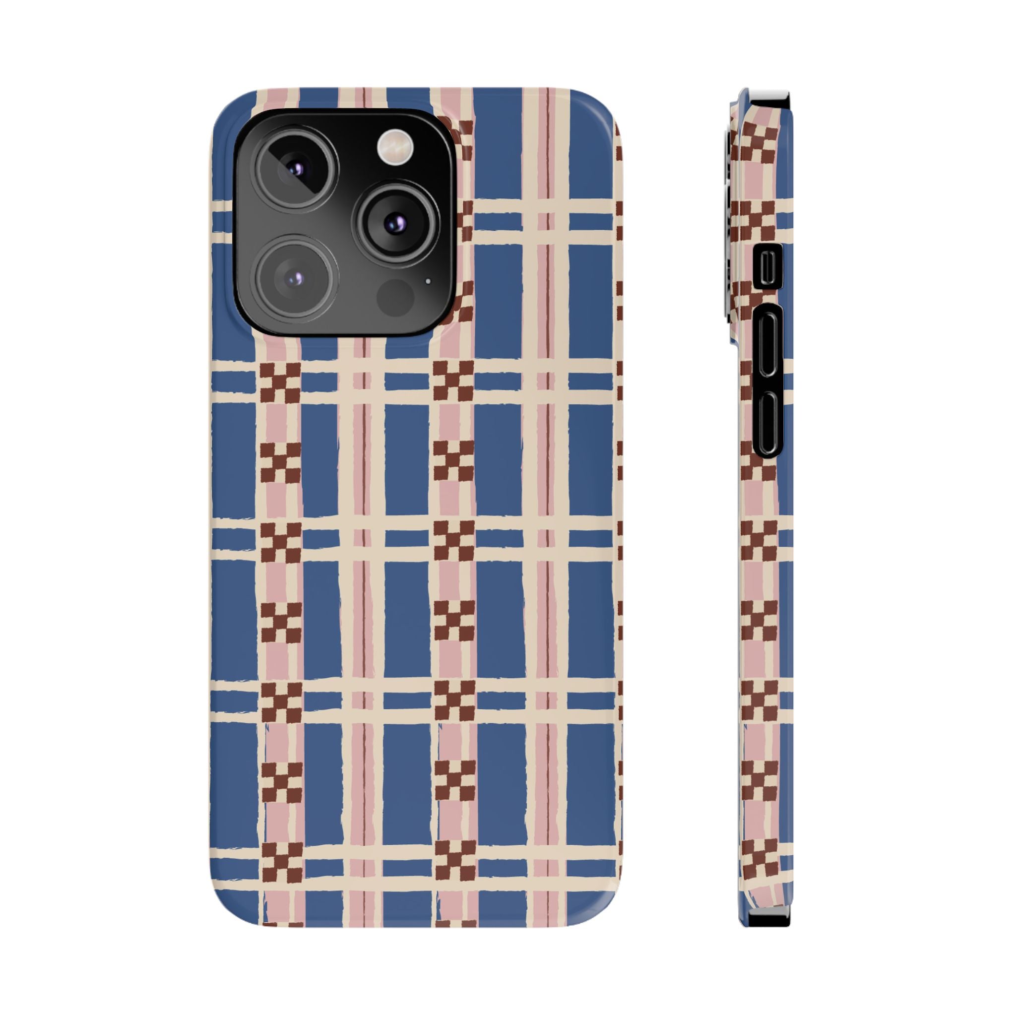 Slim Phone Case — Blue & Pink Retro Plaid Pattern
