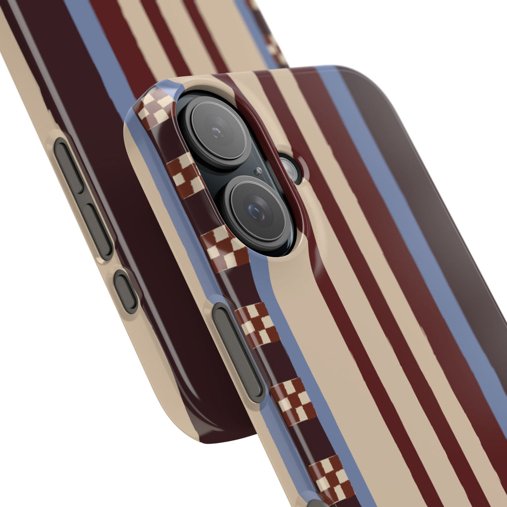 Slim Phone Case — Retro Striped Beige, Maroon & Blue Pattern