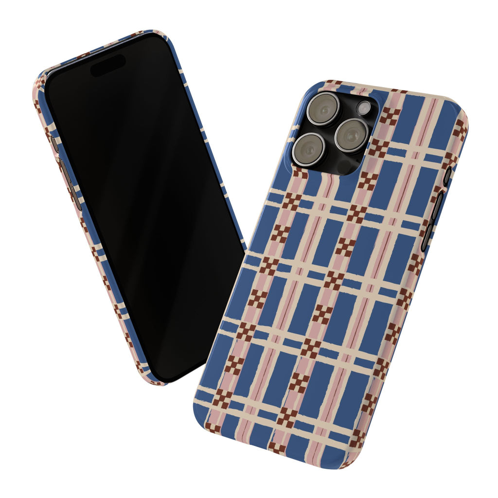 Slim Phone Case — Blue & Pink Retro Plaid Pattern